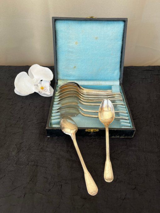 12 petites cuillères à café poinçonnées, en métal argenté dans leur écrin