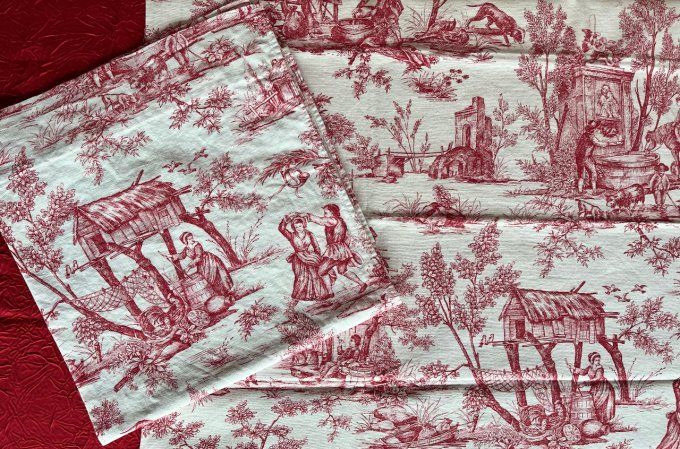 2 Petits coupons de tissu en coton imprimé toile de Jouy rouge