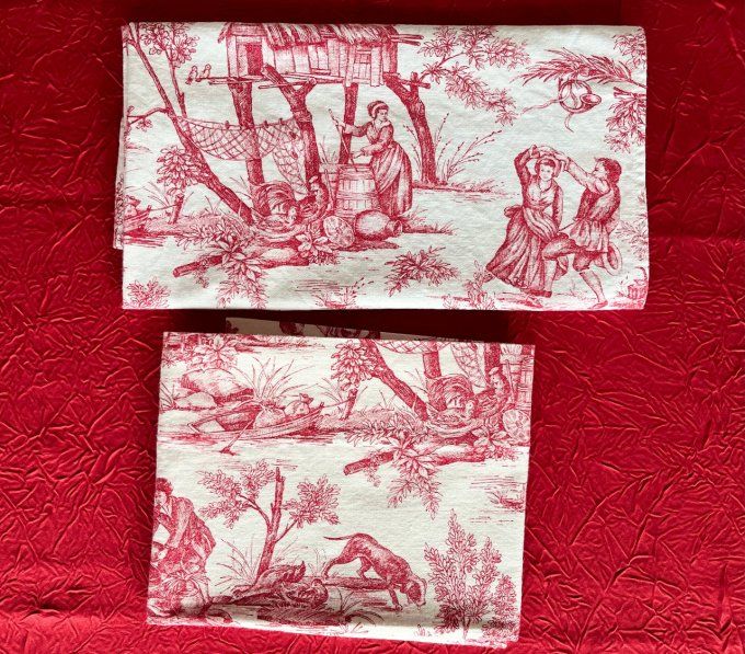 2 Petits coupons de tissu en coton imprimé toile de Jouy rouge