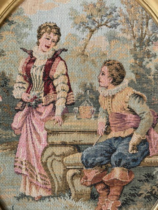 2 Tableaux ovales, Tapisseries scènes galantes, dans le gout d'Aubusson