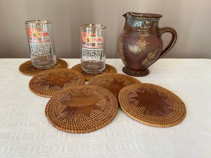 6 Dessous de verre vintage en rotin et bois de teck, Indonésie