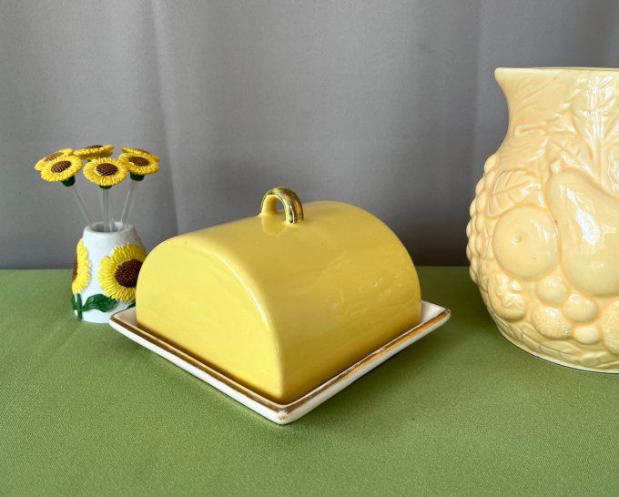 Ancien beurrier vintage Gorbon - Jaune et liseré doré - Design 1960/70