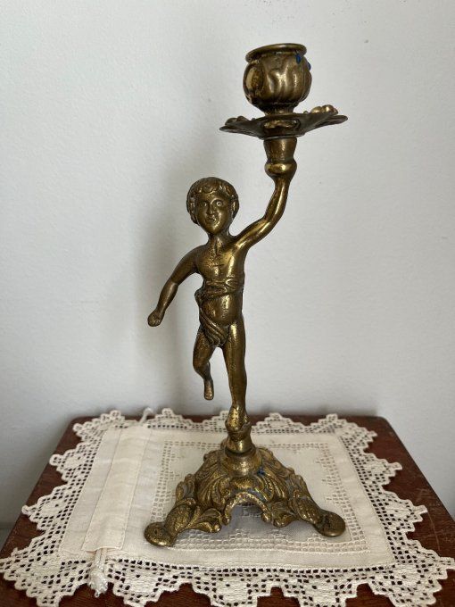 Ancien bougeoir en laiton massif - Figurine Putto / Angelot - Style Classique