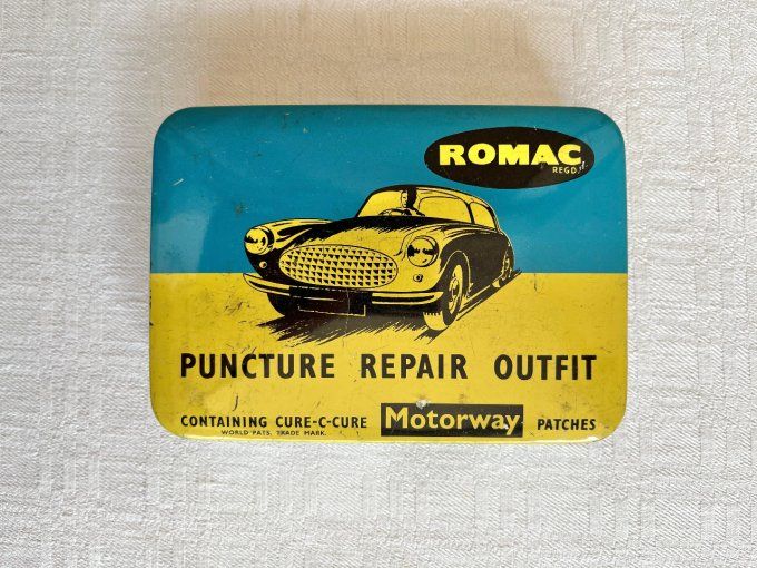 Ancienne boîte anglaise, en métal lithographié Romac - Kit réparation vintage - 1950.