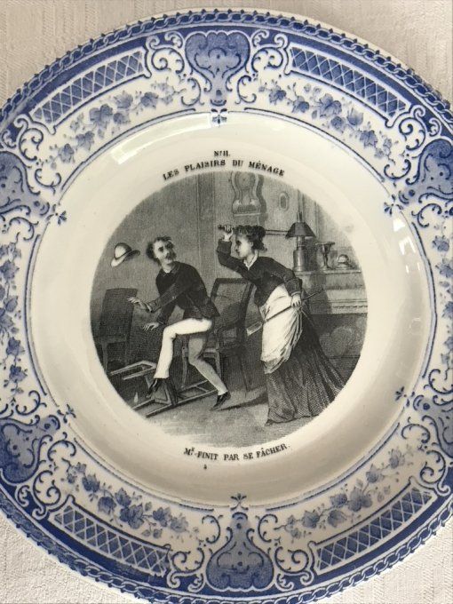 Anciennes assiettes parlantes,  Série "Les plaisirs du ménage" Creil et Montereau, XIX° siècle