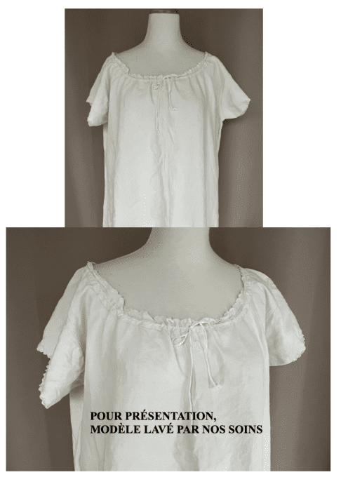 Chemise de nuit très ancienne en lin, col festonné avec cordon, monogramme, Neuve