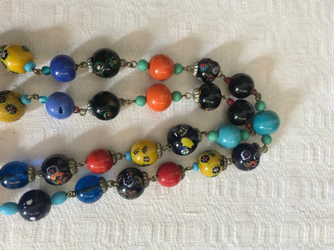 Collier, sautoir en perles de verre multicolores, vintage