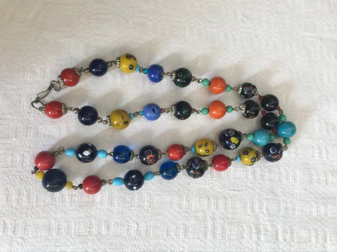 Collier, sautoir en perles de verre multicolores, vintage