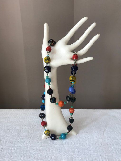 Collier, sautoir en perles de verre multicolores, vintage