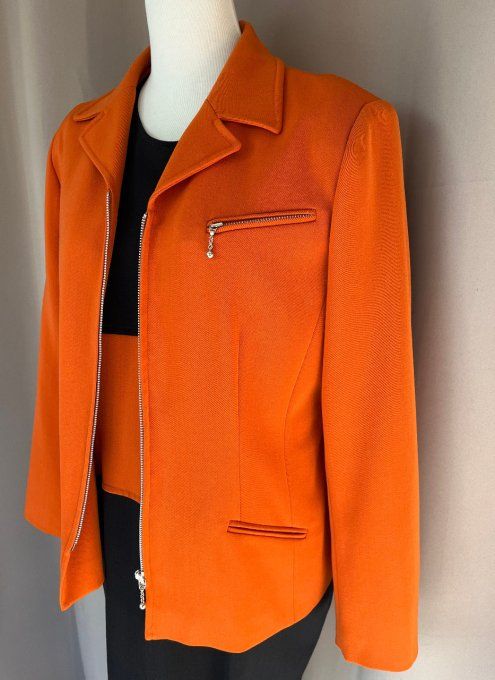 Ensemble tailleur orange et noir, veste et robe Anne D'Aleth