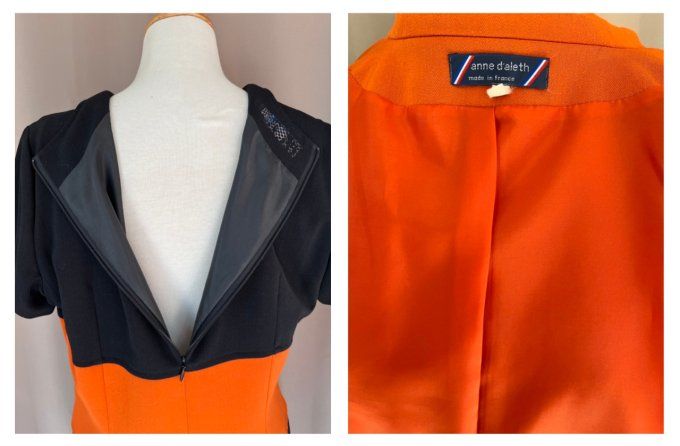 Ensemble tailleur orange et noir, veste et robe Anne D'Aleth