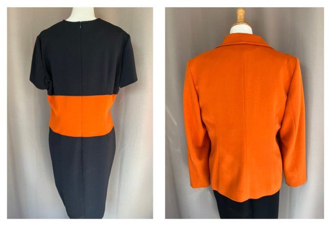 Ensemble tailleur orange et noir, veste et robe Anne D'Aleth