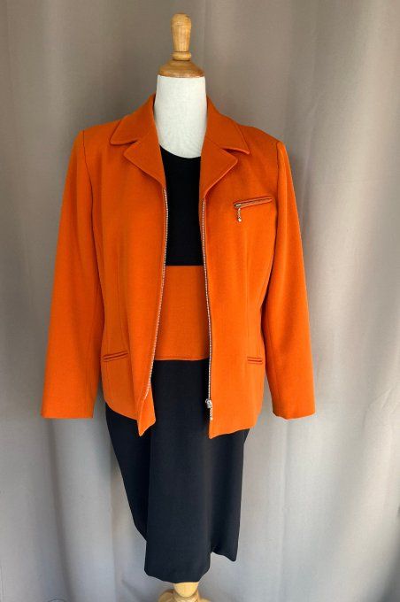 Ensemble tailleur orange et noir, veste et robe Anne D'Aleth