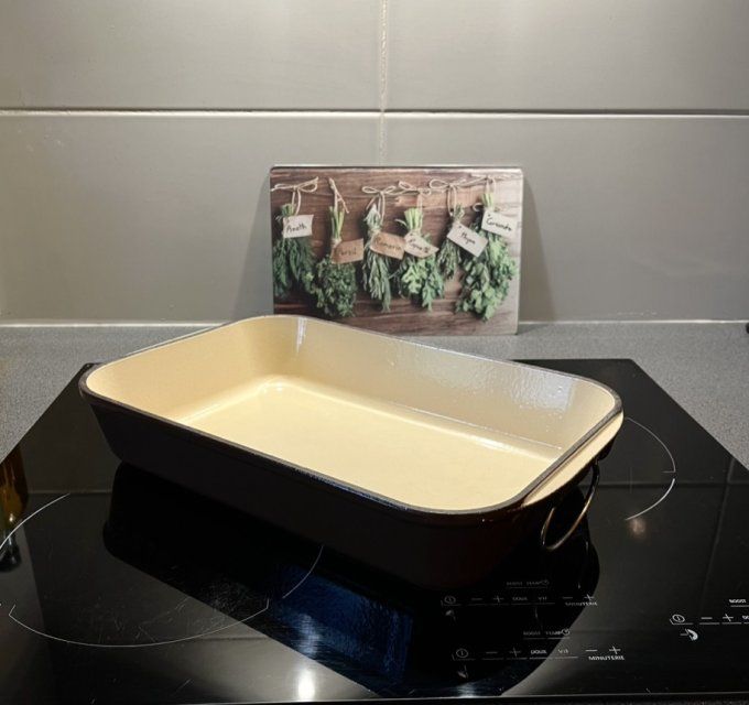 Grand plat à four Le creuset, fonte émaillée et poignées inox