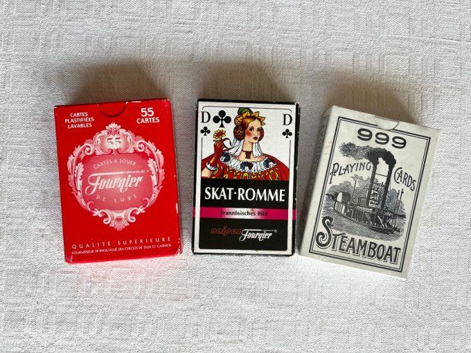 3 jeux de cartes à jouer, neufs, Cartes Fournier, Skat. Romme et Steamboat 