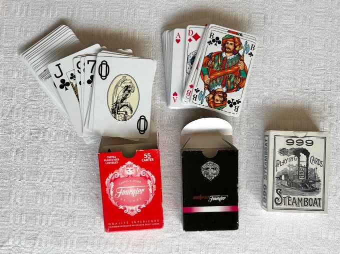 3 jeux de cartes à jouer, neufs, Cartes Fournier, Skat. Romme et Steamboat 