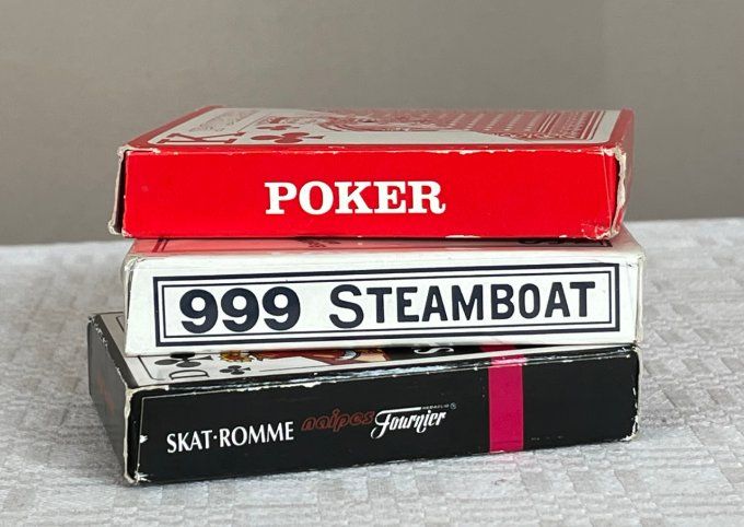 3 jeux de cartes à jouer, neufs, Cartes Fournier, Skat. Romme et Steamboat 