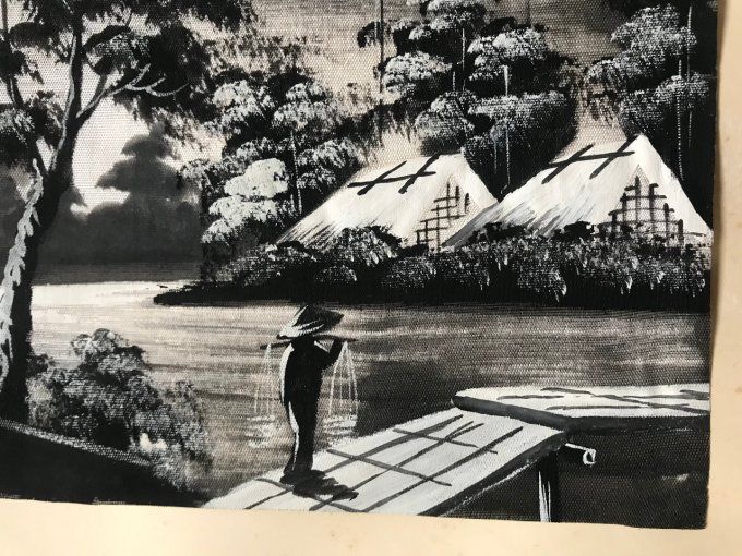 Peinture asiatique du Vietnam sous cadre, tableau paysage sur tissu, peintre Kim Son