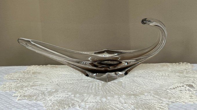 Coupe, centre de table ou vide-poche vintage en cristal bicolore transparent et gris fumé.