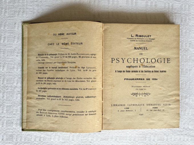 Livre Psychologie appliquée à l'éducation, L. Riboulet, 1940