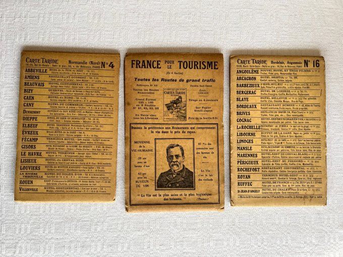 Lot de 3 cartes routières Taride anciennes, N° 4 et 16 + France pour le tourisme