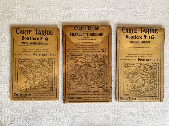 Lot de 3 cartes routières Taride anciennes, N° 4 et 16 + France pour le tourisme