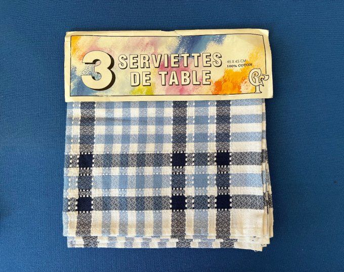 Lot de 3 serviettes de table vintage en pur coton à carreaux bleus.