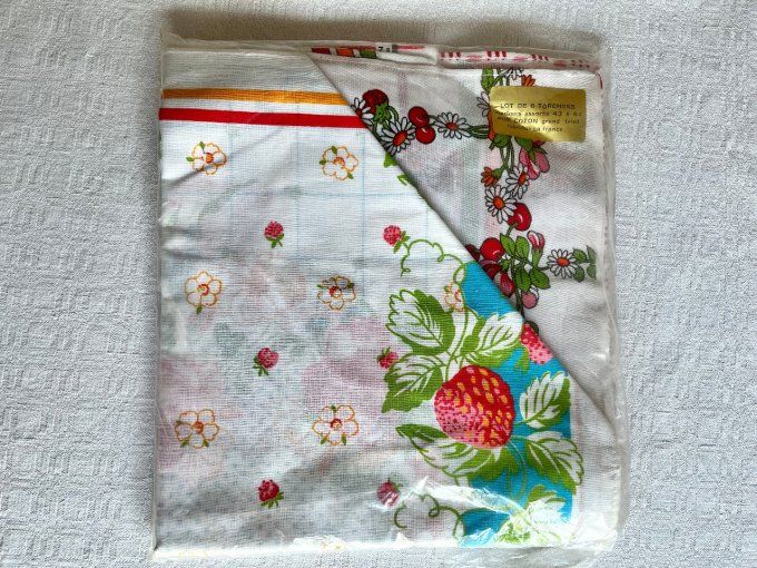 Lot de 6 torchons à imprimés assortis de fruits et de fleurs, vintage, pur coton, Neuf
