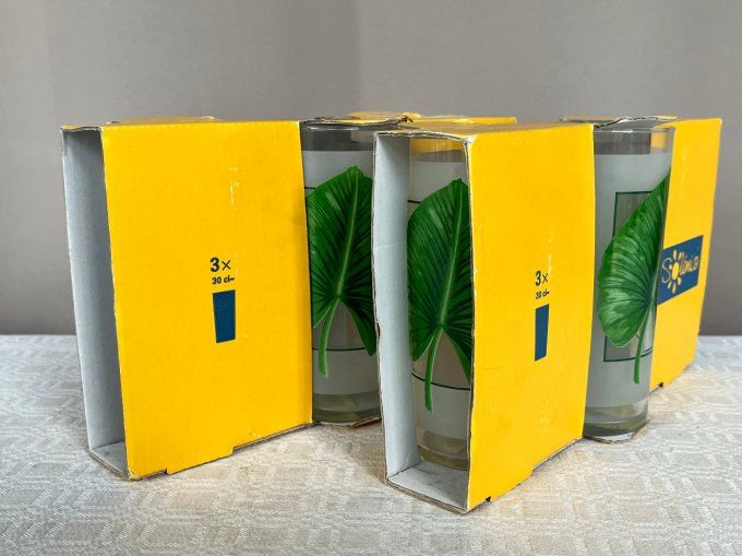 Lot de 6 verres à eau, à sirop, soda ....  Au décor de feuille verte, Solémio, Neufs