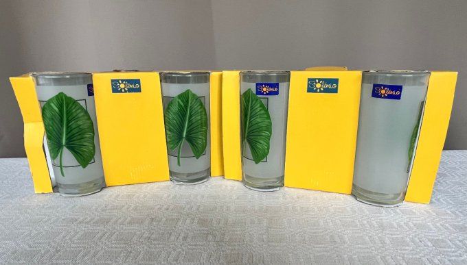 Lot de 6 verres à eau, à sirop, soda ....  Au décor de feuille verte, Solémio, Neufs