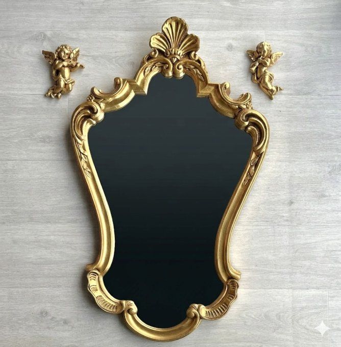 Miroir mural vintage baroque, Rococo doré - Cadre en bois sculpté - Années 60