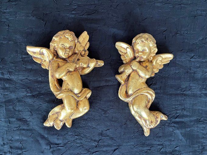 Paire de chérubins Baroques dorés - Anges musiciens - Années 70