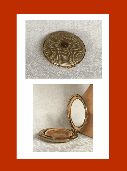 Poudrier de sac avec miroir et pierre ambrée,  Revlon New York, vintage des années 1960