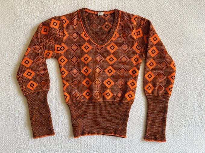 Pull vintage années 70 enfant orange et marron Exlan, 8 - 10 ans