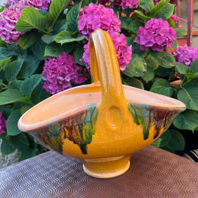 Rare ! Ancien Pot-Panier en terre cuite, poterie vernissée, jaune, vert & brun