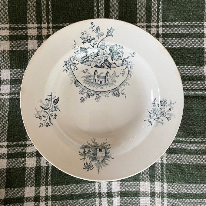 Rare ! Plat de service Saint-Amand et Hamages - Modèle "Paysage" - Décor Bleu-Gris