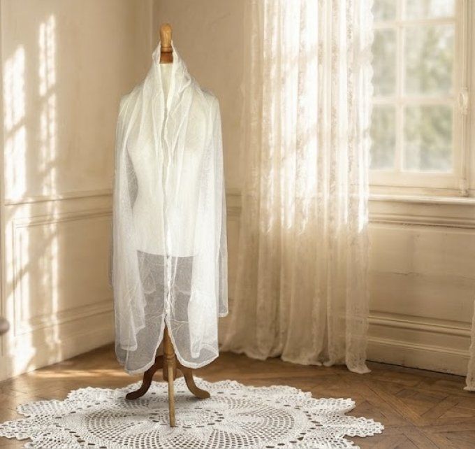 Ancien voile de mariée vintage en tulle blanc - Forme demi-lune -