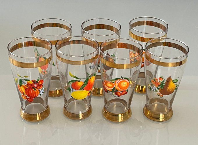 Série de 7 verres coniques en cristal - Décor Fruits & Dorures - Vintage 1950/60
