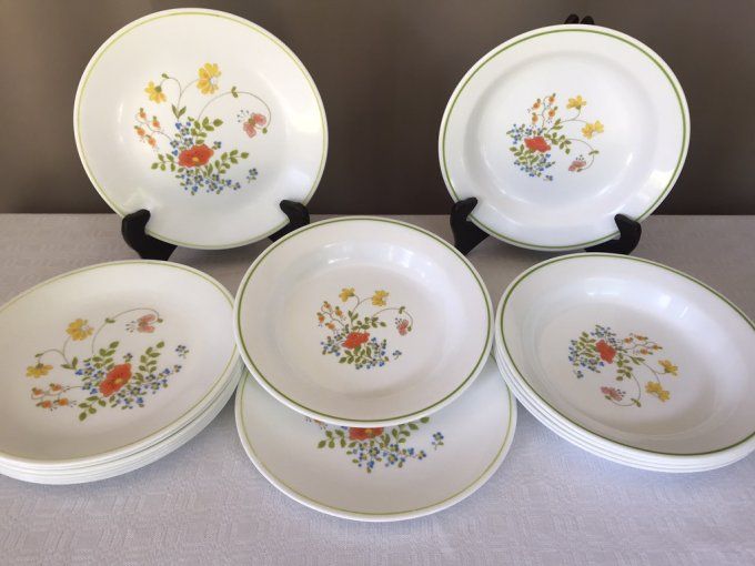 Service de table vintage, assiettes creuses et plates, Corelle by Corning Modèle Wild flowers