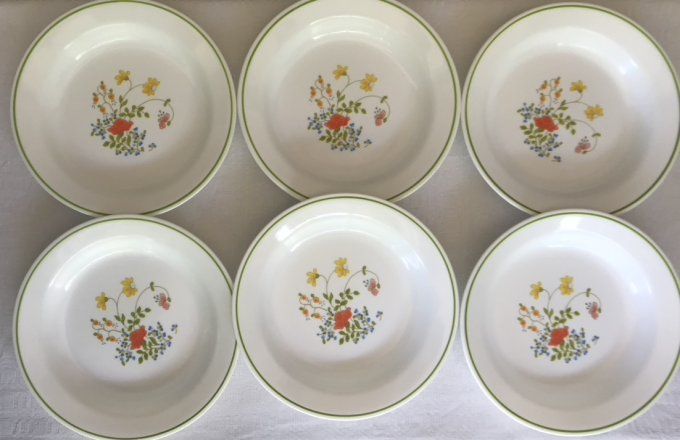 Service de table vintage, assiettes creuses et plates, Corelle by Corning Modèle Wild flowers