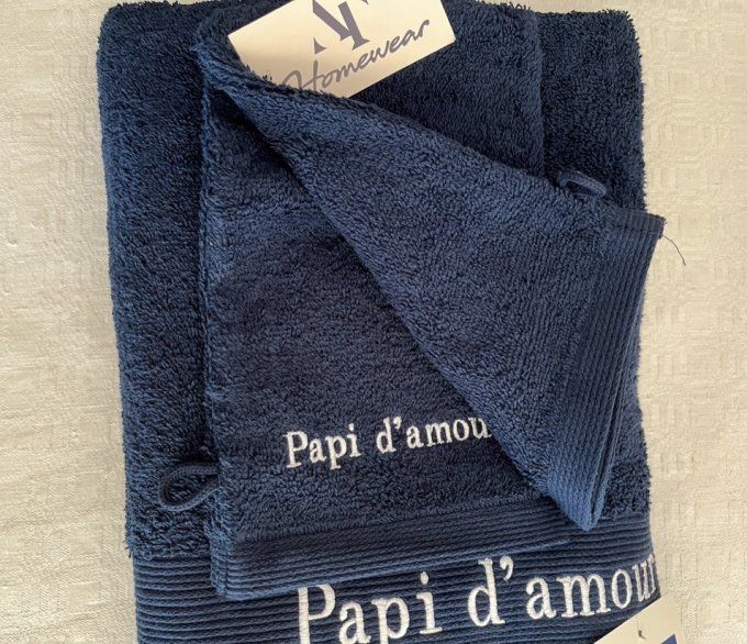 Serviette de toilette et 2 gants, brodés "Papi d'amour" Armand Thiery, Neufs