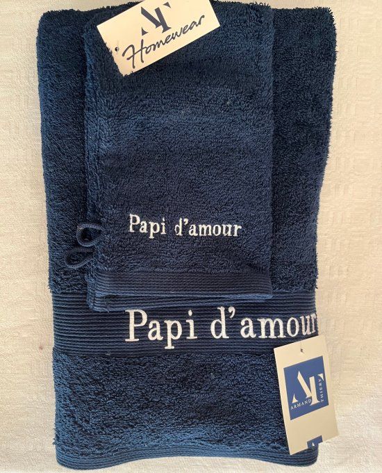 Serviette de toilette et 2 gants, brodés "Papi d'amour" Armand Thiery, Neufs