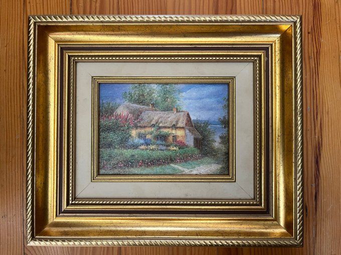 Tableau maison champêtre au toit de chaume – cadre bois doré – déco campagne chic