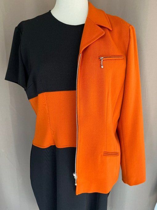 Ensemble tailleur orange et noir, veste et robe Anne D'Aleth